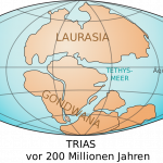 Die Großkontinente Laurasia und Gondwana in der Trias, etwa vor 200 Millionen Jahren